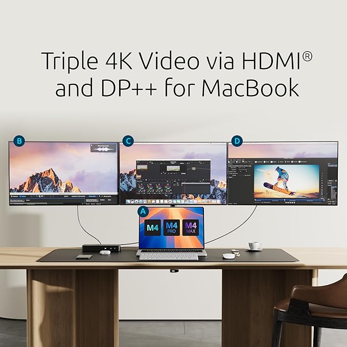 Kensington DisplayLink 4K Docking Station, Triple 4K for MacBook Pro/Air M1/M2/M3/M4, 14ports, 3xHDMI/3xDisplayPort,4xUSB A,2xUSB C 3.2, Ethernet, Audio, 100W PD (K33621NA)