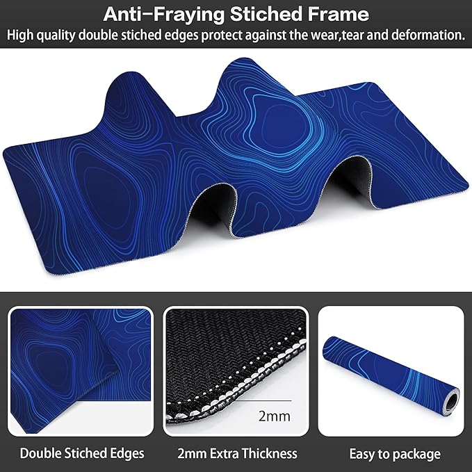 Abstract Topography Design Desk Mat,Large Dark Blue Topographic Line Art Gaming Keyboard Mouse Pad,Non-Slip Rubber Base Desk Pad Thick Stitched Edges Waterproof Mousepad Mouse Mat 31.5"x11.8"