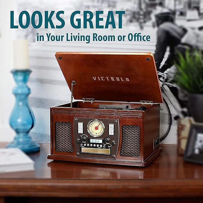 Victrola Aviator 8-in-1 Bluetooth Record Player & Multimedia Center with Built-in Stereo Speakers - 3-Speed Turntable, Vinyl to MP3 Recording, Wireless Music Streaming, Mahogany
