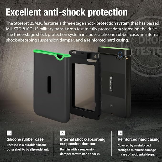 Transcend 2TB SJ25M3C, USB 3.1 Portable Hard Drive Rugged, Anti-Shock Resistant, Compact and Lightweight with Lightning-Fast Speeds, One Touch Backup Button, Type C, Iron Grey - TS2TSJ25M3C