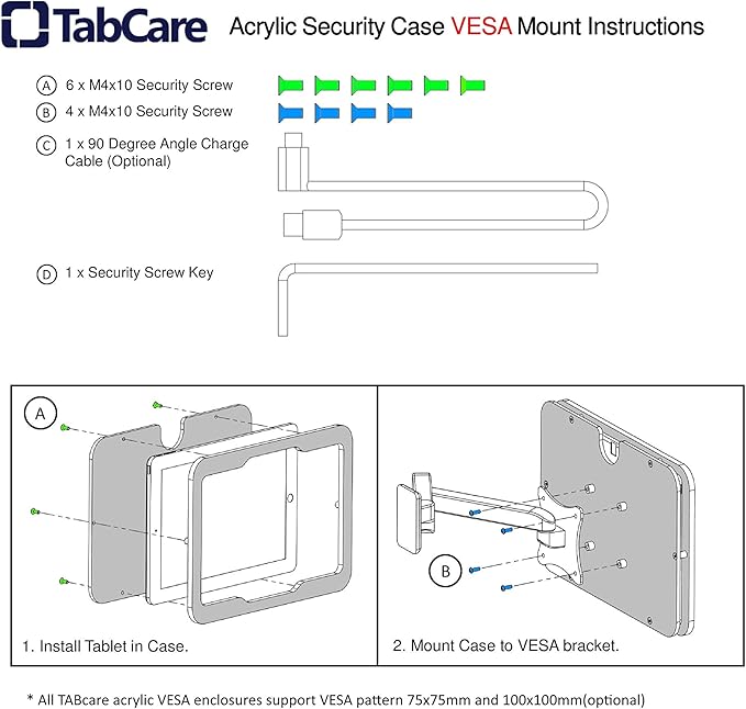 TABcare Anti-Theft Acrylic VESA Enclosure for Apple iPad Pro 9.7" with Free Wall Mount Kit & 90-Degree Angle Charge Cable (iPad Pro 9.7", White)