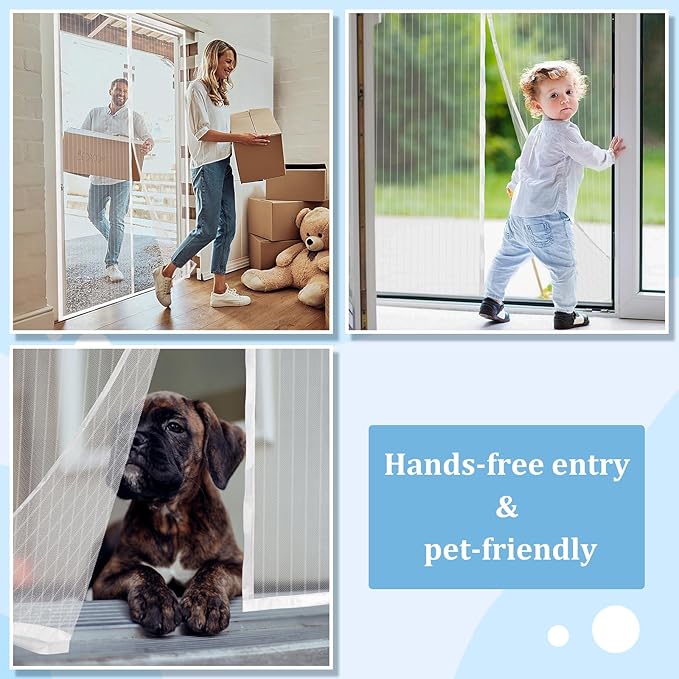 Magnetic Screen Door - Self Sealing, Heavy Duty, Hands Free Mesh Partition Keeps Bugs Out Let Breeze in- Pet and Kid Friendly - Keep Open Feature (White, Fit Door Size 48 x 80 Inch)