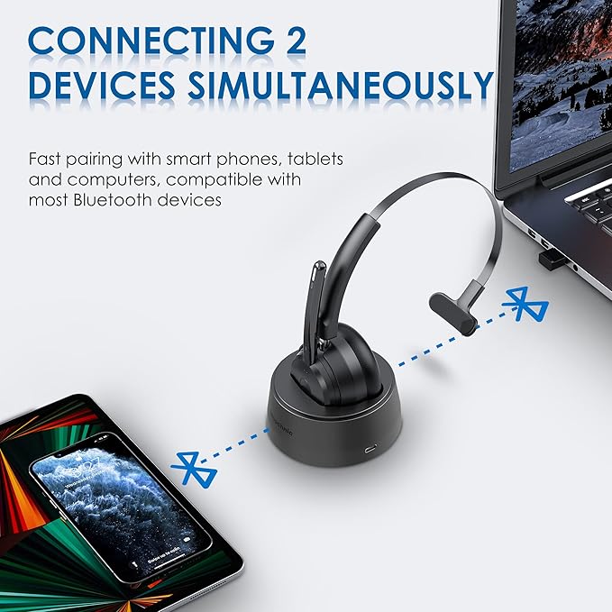 Bluetooth Headset, Wireless Headphone with AI Noise-Canceling Microphone for Computer, On Ear Bluetooth Headset with USB Dongle for Office Call Center Skype Zoom Meeting Online Class (Black)