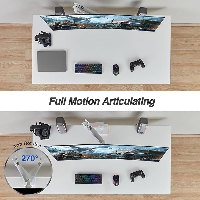 AVLT RGB Lights Single 17”-49” Gaming Monitor Arm Desk Mount, Fits One Flat/Curved/Ultrawide Screen up to 44lbs(20kg), Height Swivel Tilt Adjustable Stand - White