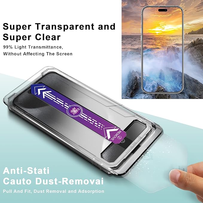 2 Pack Screen Protector Tempered Glass for iPhone 15 Pro Max 6.7-Inch Auto Dust Removal, No Bubbles, High Definition Clear, Easy Installation