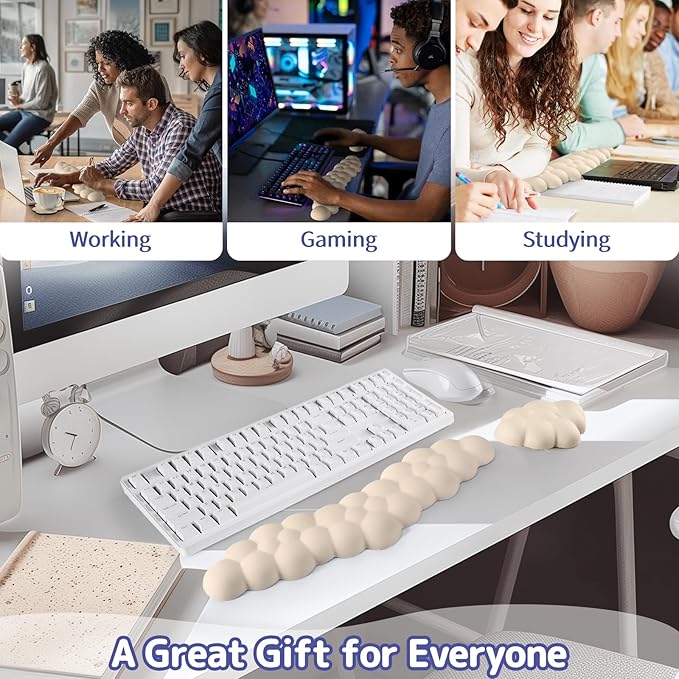 Cloud Wrist Rest for Keyboard and Mouse, Memory Foam PU Leather Keyboard Wrist Rest with Ergonomic Support, Non-Slip Base, Cute Arm Rest Pad & Palm Cushion, Office Desk Accessory, Beige