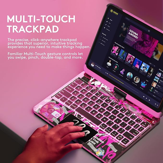 GUSGU Transparent Case with Wireless Keyboard for iPad 10.2-in (7th, 8th, and 9th Gen), 7 Colors Backlight, Trackpad, 360°Rotating Stand, Tech Style