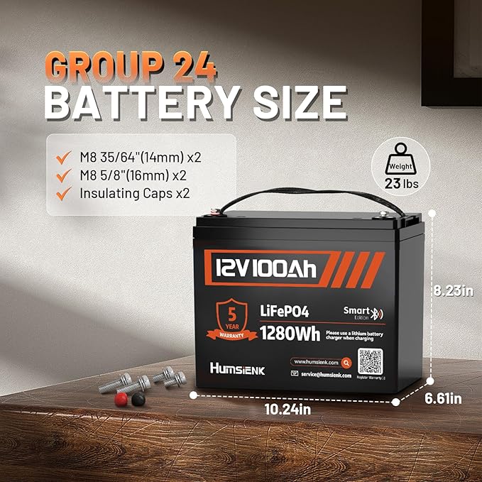 12V 100Ah LiFePO4 Lithium Battery with Bluetooth - BCI Group 24 15000+ Deep Cycle Battery, Built-in 100A BMS & Low-Temp Protection, for RV/Marine/Trolling Motor/Off-Grid/Home Backup