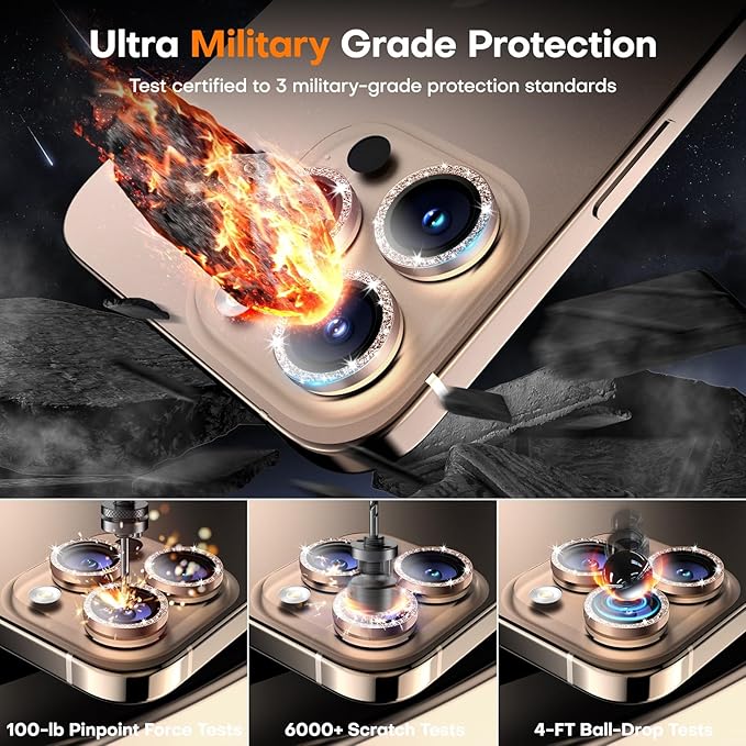 Camera Lens Protector for iPhone 16 Pro Max/16 Pro/15 Pro Max/15 Pro/14 Pro Max/14 Pro, Sapphire Glass Metal Individual Camera Cover Screen, Anti-drop, Case Friendly- Glitter Desert Titanium