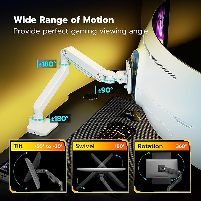 ARES WING Single Monitor Mount with USB A/C, Heavy Duty Monitor Arm for 17 to 49 inch Ultrawide Screen, Holds 44 lbs, Adjustable Gas Spring Arm Desk Mount with Clamp and Grommet Base, White