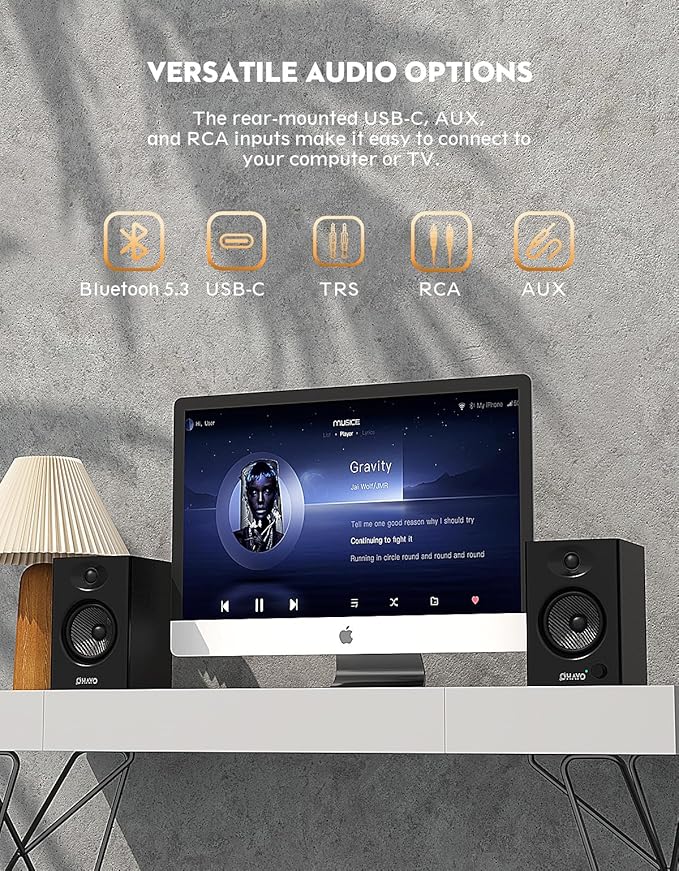 OHAYO 60W Computer Speakers for Music and Gaming, Active Bluetooth 5.3, Stereo 2.0 Speakers for Desktop PC or Laptop, 3.5mm Aux RCA Input, USB-Powered, 1 Pair, Black