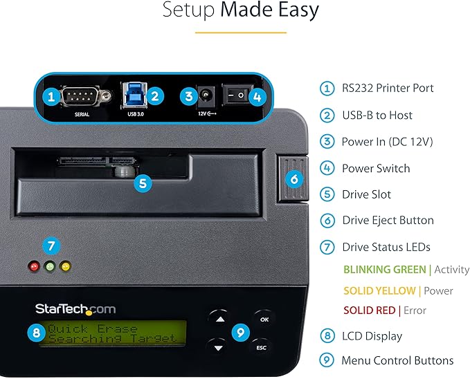 StarTech.com Single Bay Hard Drive Eraser, Standalone HDD/SSD Disk Wiper/Sanitizer, 4Kn, USB 3.0 to SATA III, 9 Erase Modes, LCD, RS232 Printer Port, Hardware Erasing Tool, TAA Compliant (SDOCK1EU3P2)