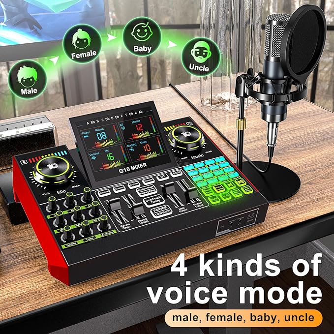 Podcast Equipment Bundle with Live Sound Card Audio Mixer, 3.5mm Condenser Microphone for PC/Phone Streaming and Singing, Podcast Microphone Bundle with Voice Changer sound board