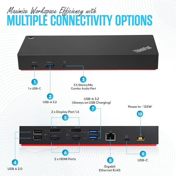 40AF0135US Lenovo Docking Station Dual Monitor Hybrid USB-C with USB-A, 135W, HDMI & DisplayPort Cable