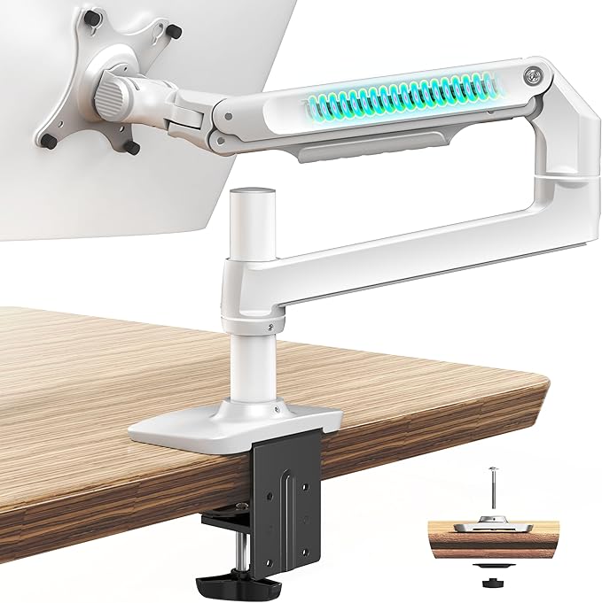 Single Monitor Arm Desk Mount, Holds Screens up to 40 Inches and 25 lbs, Fully Adjustable Vesa Monitor Mount with C-Clamp and Grommet Base, Aluminum, White