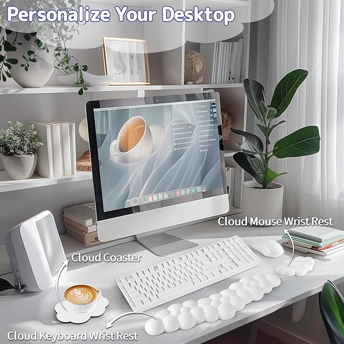 Cloud Wrist Rest for Keyboard and Mouse, Memory Foam PU Leather Keyboard Wrist Rest with Ergonomic Support, Non-Slip Base, Cute Arm Rest Pad & Palm Cushion, Office Desk Accessory, White