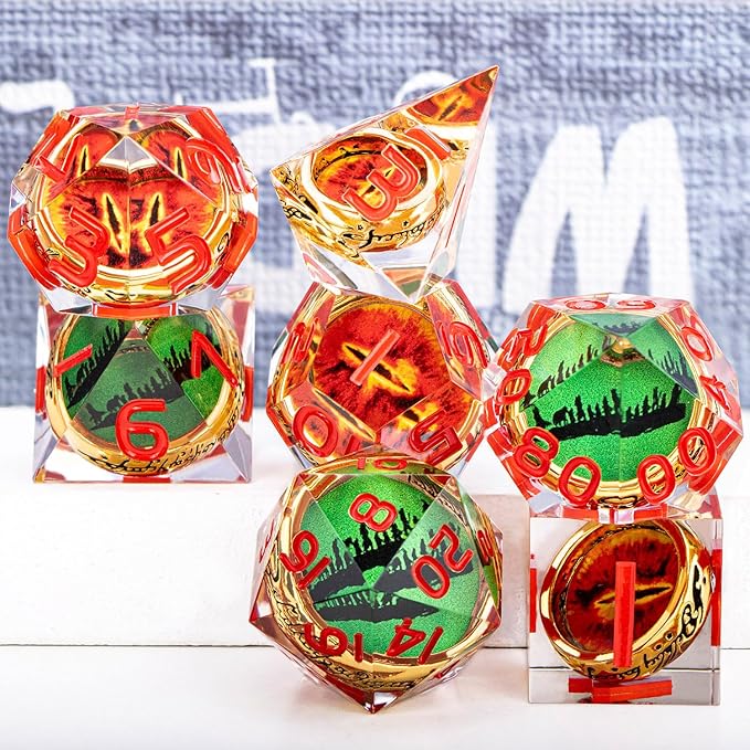 Magic Golden Ring DND Dice Set Sharp Edge Red Gaze Eye Resin Dice with Box, for use with RPG D&D Tabletop Games Lord D and D Polyhedral Dice Set