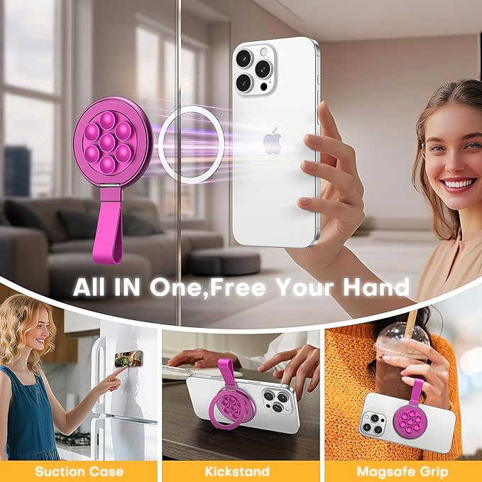TAURI for Magsafe Suction Phone Grip,Universal Magnetic Suction Grip, 360 Rotating Hands-Free Holder, Silicone Suction Phone Grip Compatible with iPhone 16 Pro Max/15/Android/S25, Hot Pink