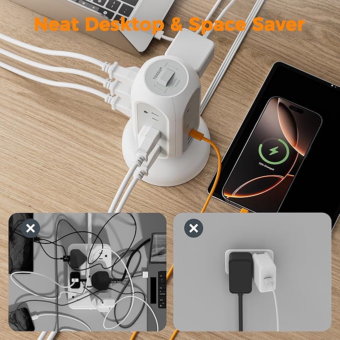 Surge Protector Power Strip Tower, TESSAN 5 FT Retractable Extension Cord with Multiple Outlets, 11 Outlets with 3 USB (1 USB C) Charging Station, 1050J, Office Desk Supplies, Dorm Essentials