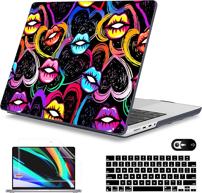Mektron Case for 2025 MacBook Pro 16" M4 A3403 A3186 M3 A2991 M2 A2780 M1 A2485 (2021/2023/2024) Pro/Max with Touch ID, Hard Shell Plastic Laptop Cover Keyboard Cover Screen Protector, Colorful Lips