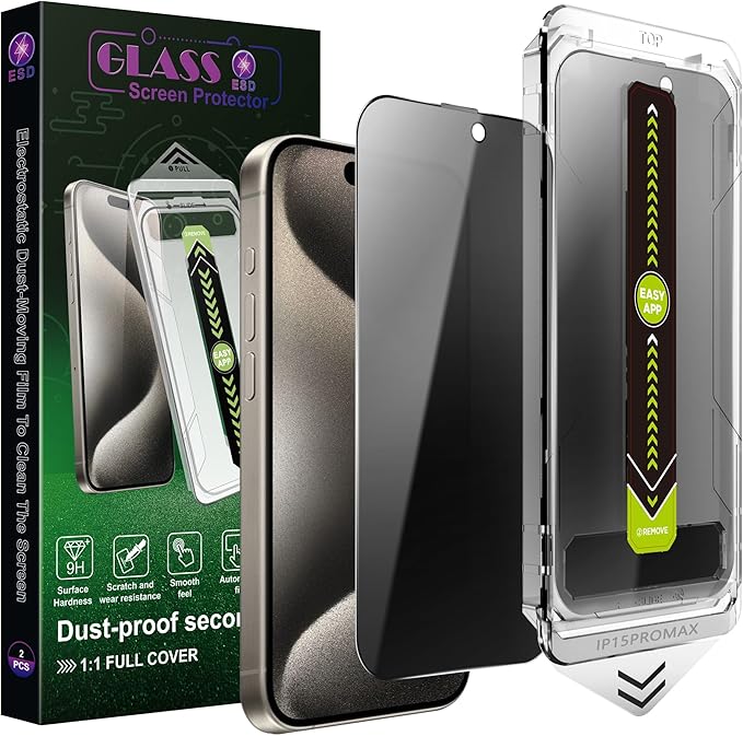 (2-Pack Anti-Spy Privacy Screen Protector for iPhone 16 Pro Max(6.9-Inch),9H Tempered Glass,Full Coverage,Anti-Fingerprint,Auto Dust Removal,Bubble-Free,Easy Installation