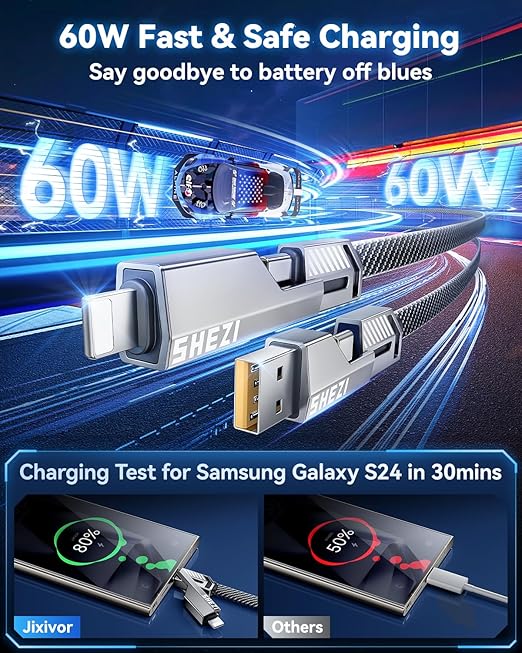 [One is Enough] 4-in-1 Compatible with USB C to Lightning Cable, 65W High-Speed Charging & Fast Data Transfer,CarPlay & Android Auto Support Multi Charger Cord Combo for iPhone/Samsung/iPad,5FT