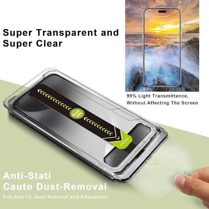 [2-Pack Ultra HD Clear Screen Protector for iPhone 15 Pro Max (6.7-Inch),9H Tempered Glass,Full Coverage,Anti-Fingerprint,Auto Dust Removal,Bubble-Free,Easy Installation