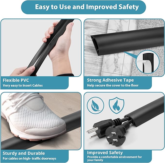 8.5FT Black Cord Cover Floor, Cord Protector, Floor Extension Cable Cover, Soft PVC Wire Covers - Cord Cavity: 0.7" (W) x 0.4" (H)
