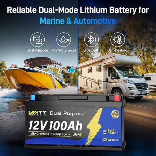 12V 100Ah Bluetooth LiFePO4 Battery, [Cranking &Deep Cycle] Lithium Battery with Self-Heating, Built-in 200A BMS, Perfect for Trolling Motor, RV, Marine, Boat(4 Pack)