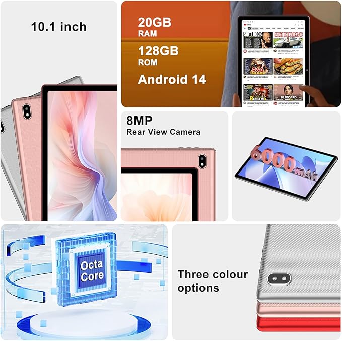 Android 14 Tablet 10 Inch Tablets, 20GB+128GB/1TB Expandable, Tablets with Octa-Core, WiFi 6, Dual Camera, BT 5.0, 6000mAh Battery, HD IPS Display, Widevine L1, Tablet with Keyboard Mouse - Sliver