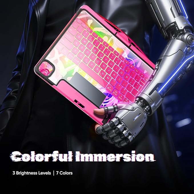 KITONE Transparent Case with Wireless Keyboard for iPad 11th Gen 11-in.(A16, 2025), 2022 iPad 10th Gen 10.9-in, 7 Colors Backlight, Trackpad, 360°Rotating Stand, Tech Style