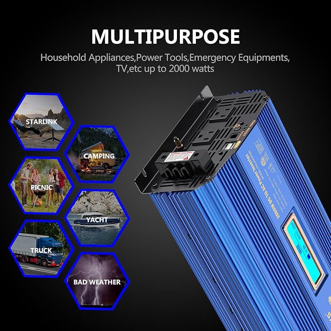 Power Inverter 2000w DC 12V to AC 120V ETL UL458 Compatible with Lithium Battery for Off-Grid Solar Car RV Truck Boat with LCD Display Remote Control 2 AC Outlets Dual 2.4A USB Ports by VOLTWORKS