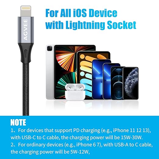AGVEE 2 Pack 4 inch USB-C Female to Lightning Male Adapter, 30W Fast Charging Charger Converter for iPhone 14 13 12 11 Airpods iOS Device Carplay, Not for Audio, Dark Gray