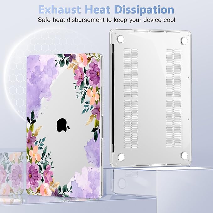 Case for MacBook Pro 13 inch with/Without Touch Bar (2016-2022, M2 A2338 M1 A2289 A2251 A2159 A1989 A1706 A1708), Hard Shell + Keyboard Cover + Dust Plug - Purple Flower