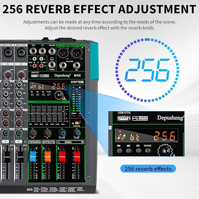 Depusheng MX6 6 Channel Sound Mixer Audio Mixing Console 48V 256DSP Professional USB PC Play Record Podcast Live Broadcast (US MX6)