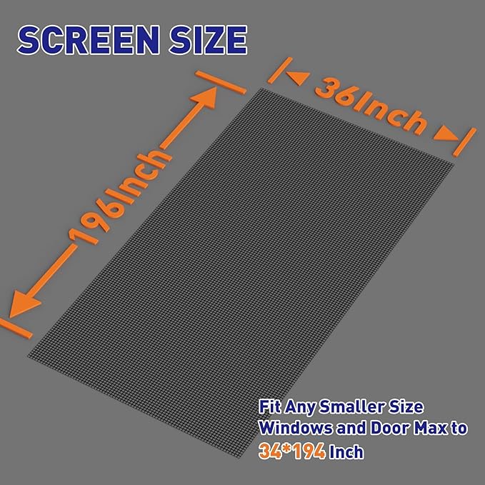 MAGZO Window Screen Replacement Mesh 36"W x 196"L - DIY Adjustable Polyester Pet Proof Screen Door Mesh for Patio Window Screen Repair Kit, Durable, Washable, Black