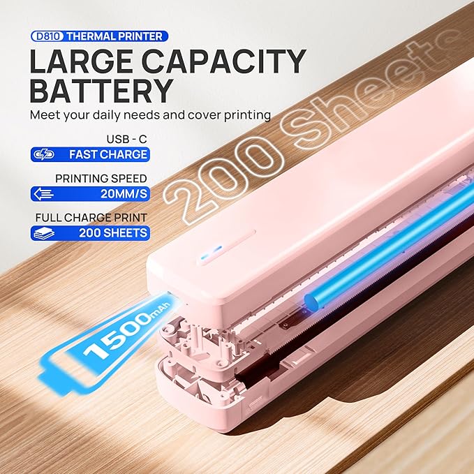 POLONO Portable Printer Wireless for Travel, D810 Bluetooth Thermal Printer Support for 8.5"x11" US Letter, Inkless Compatible with iOS, Android, Laptop for Office, Car and Home, Pink