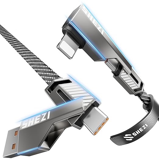 SHEZI 4-in-1 USB C Cable 5FT 90 Degree Fast Charging [480Mbps Data Sync] Flat Nylon Braided Charger Cord Combo, USB A/C to C/L Multi Charging Cable for iPhone 16/15/Samsung & Most Devices, Grey