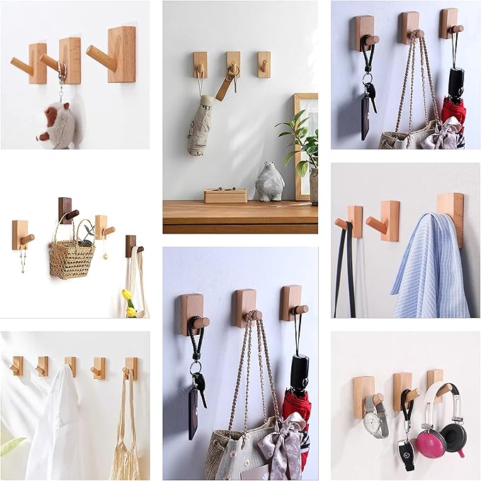 HomeDo 8Pack Adhesive Wall Hooks Hat Rack, Wooden Coat Hooks Wall Mounted, Decorative Single Organizer Hat Hanger Towel Rack, Heavy Duty Hooks (Rectangle-Beech,8P)