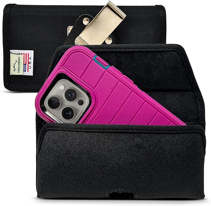 Turtleback Belt Clip for iPhone 16 Pro, 16e, 15 pro 14 Pro 13 Pro -Large- Fits w/Defender Bulky Style Cases, Premium Black Nylon, Horizontal Belt Holder, Magnetic Closure HD Rotating Belt Clip