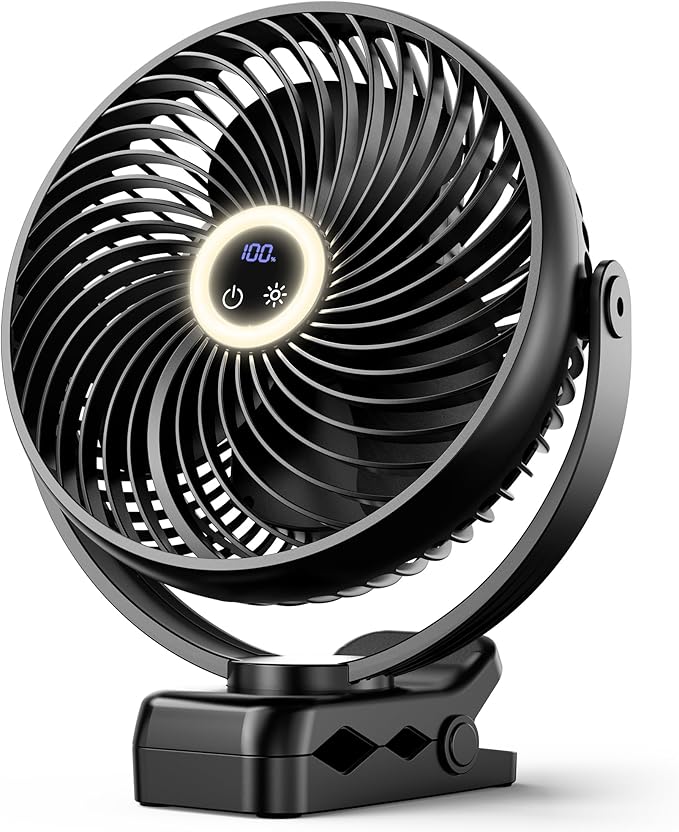 Koonie 10000mAh Portable Clip on Fan with LED Lantern and Hook, 8'' Battery Operated Desk Fan, Quiet Camping Fan with LED Digital Display, 360° Rotation & 3 Speeds for Travel Tent Gym Treadmill