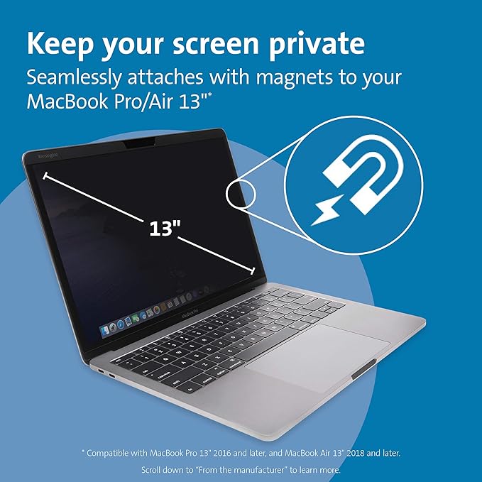 Kensington MP13 Magnetic Macbook Pro Privacy Screen for 13 inch (2016-2022, M1, M2)/ Macbook Air 13 inch (2018-2021, M1), Removable Laptop Privacy Filter, Macbook Mac Screen Protector, K64490WW