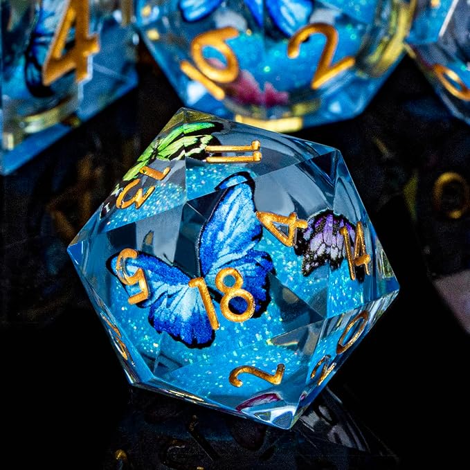 Butterfly DND Dice Blue Liquid Core Dice Set with Metal Box, Handmade Sharp Edge D and D Polyhedral Dice for use with D&D Role Playing Game, D20 D12 D10 D8 D6