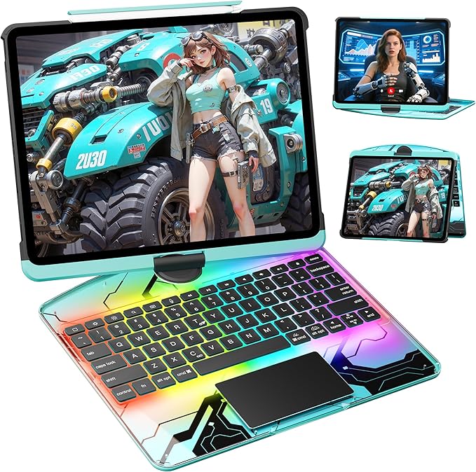 KITONE Transparent Case with Wireless Keyboard for iPad Air 13-in.(M3/M2, 2025/2024), 7 Colors Backlight, Trackpad, 360°Rotating Stand for iPad Pro 12.9-in (6/5/4/3 Gen), Tech Style