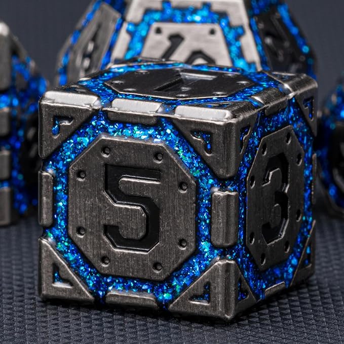 DND Metal Dice Set, Polyhedral Dice Set for RPG D&D Dice with Cracks Dungeons and Dragons Dice Set for RPG TTRPG D&D Die with Gift Case(Antique Nickel Blue)
