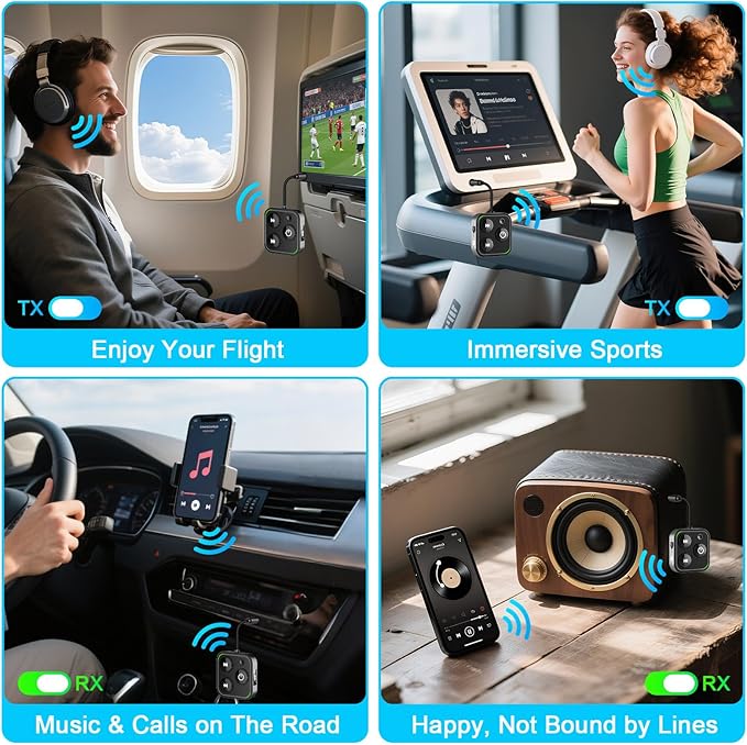 2025 Pro Bluetooth 5.4 Transmitter Receiver, 2-in-1 Wireless Audio Adapter for Airplane/TV/PC/Gym - Dual Link Headphone, Low Latency, Battery Display, Built-in Mic, 30H Playtime, Aviation Metal Frame