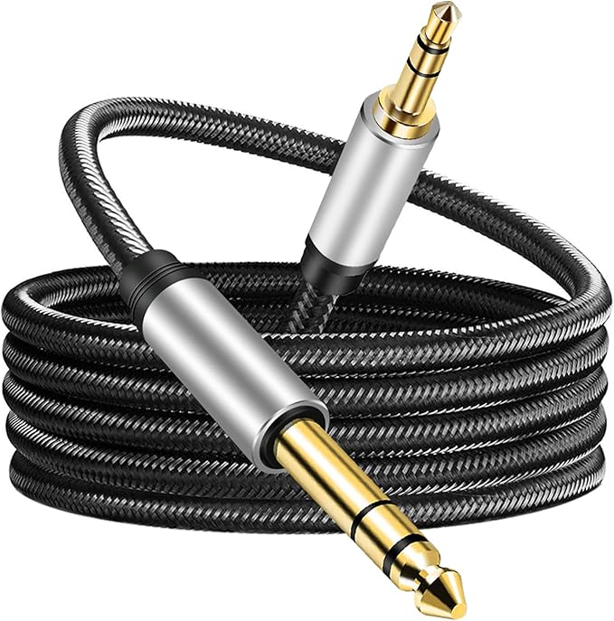 3.5 mm to 6.35 mm Audio Cable 50Ft, Gold-Plated Terminal Silver Color Zinc Alloy Housing 3.5mm 1/8" Male TRS to 6.35mm 1/4" Male TRS Nylon Braided Stereo Audio Cable for Cellphone and More(50Ft/15M)