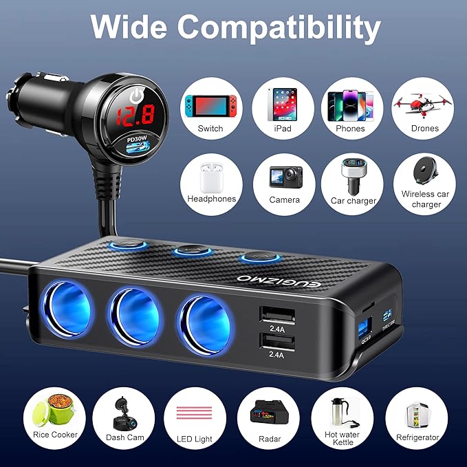 Cigarette Lighter Adapter, 222W 3 Socket Car Cigarette Lighter Plug USB Charger Multi Port 12V Car Plug Outlet Splitter with LED Voltage Display Independent Switches