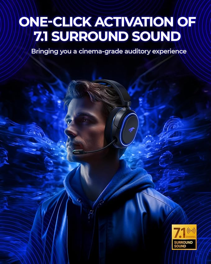 Wireless Gaming Headset, 7.1 Surround Sound, 2.4GHz USB Gaming Headphones with Bluetooth 5.4, 100H Battery, ENC Noise Canceling Mic, RGB Light, Wireless Headset for PC PS5 PS4 Mac Switch (Black-Blue)