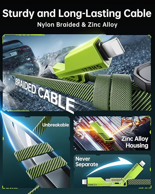 SHEZI [Upgraded 2.0] 4-in-1 USB C Cable 60W 10FT Fast Charging [480Mbps Data Sync] Flat Nylon Braided Charger Cord Combo, USB A/C to C/L Multi Charge Cable for iPhone/iPad & Most Devices, Green